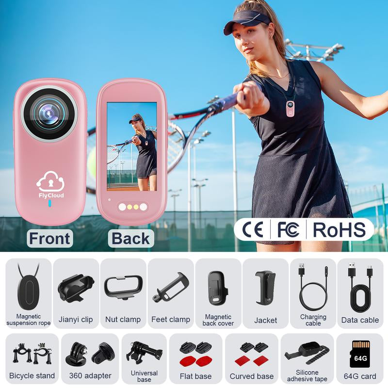Flycloud One 4K Mini Camera - Waterproof, Anti-Shake, 3-4 Hours Battery Life, Ideal for Pets, Travel, Adventures, Meetings, and Daily Recording